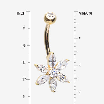 Detail View 1 of 14 Karat Gold Marquise Cut Sparkle Prong Set Flower Belly Button Ring-Clear Gem